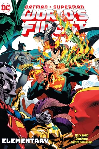 Comic book cover featuring Batman, Superman, and villains in dynamic action.