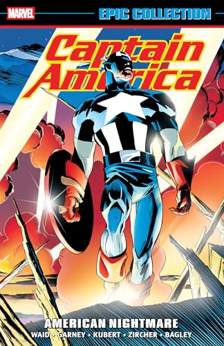 Captain America in costume, holding shield, against a red and white background.