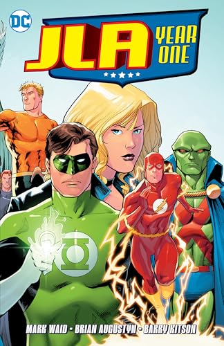 “JLA Year One” cover featuring superheroes: Aquaman, Wonder Woman, Green Lantern, and The Flash.