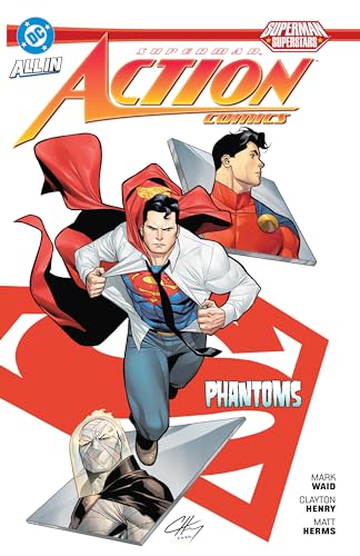 Superman tearing shirt, revealing suit, with ghostly figures in background.