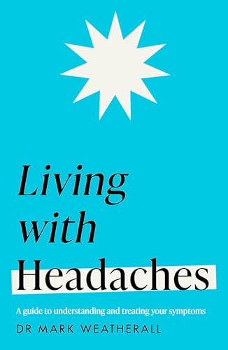 Blue book cover with white starburst and text: "Living with Headaches.
