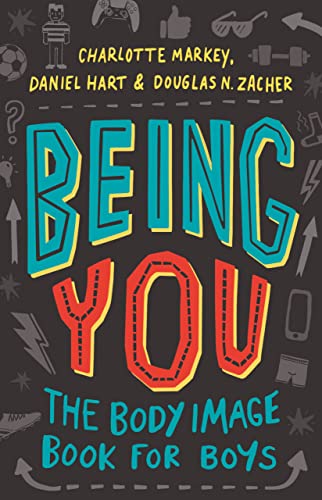 Book cover titled Being You: The Body Image Book for Boys on dark background.