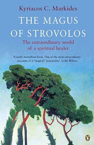 Book cover with title “The Magus of Strovolos” and green cypress trees.