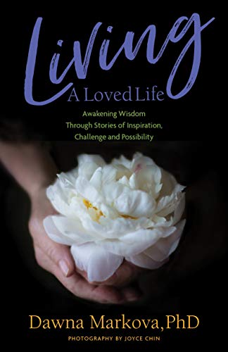 Book cover with white peony held in hands, purple title text.