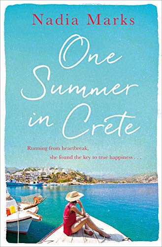 Book cover showing a woman in a red dress sitting on a boat in Crete.