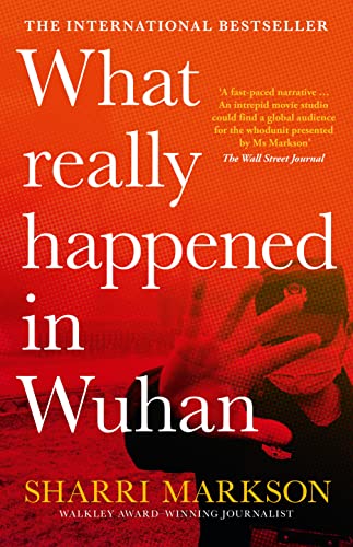 Book cover with red background, white text, and a person wearing a face mask.