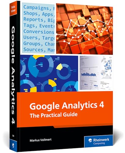 Book cover for "Google Analytics 4" with charts and network imagery.