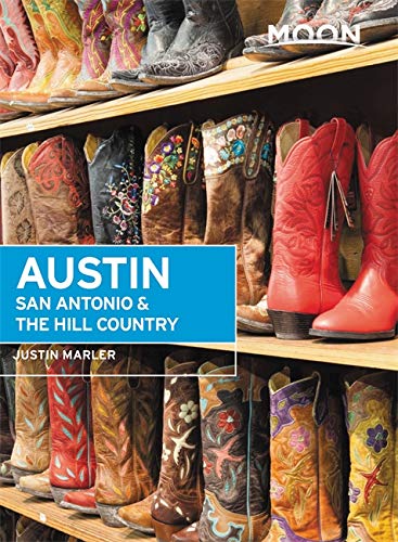 Travel guide cover featuring colorful cowboy boots and text: "Austin, San Antonio.