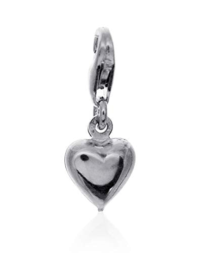 Silver heart-shaped charm with a loop, hanging against a white background.