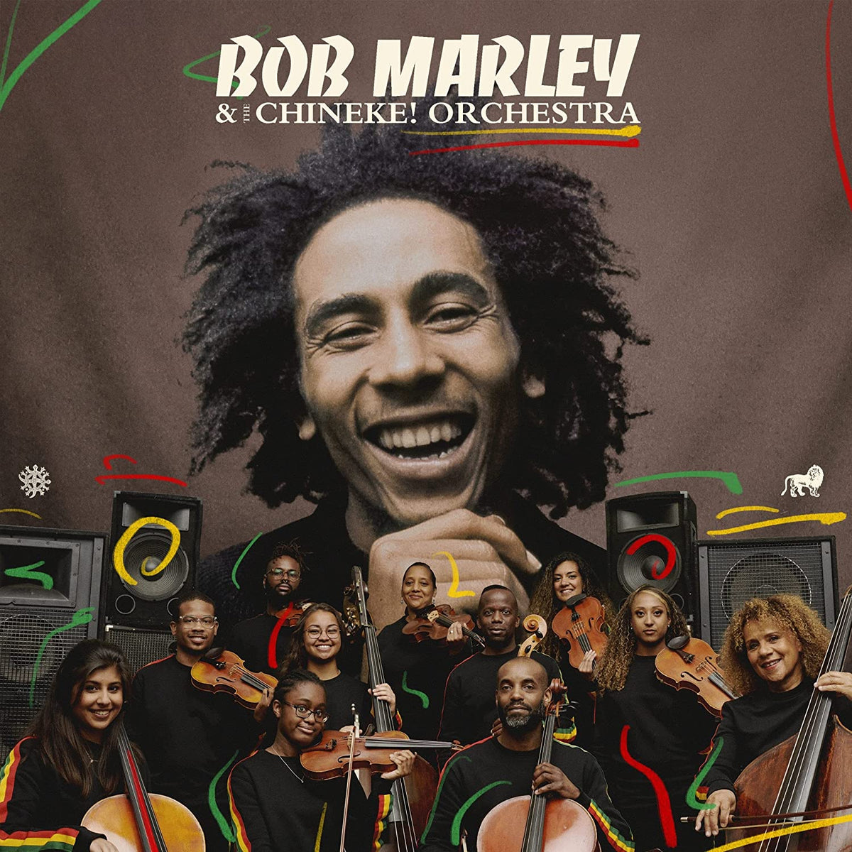 Bob Marley portrait with Chineke! Orchestra musicians, CD cover art.