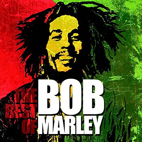 Bob Marley portrait with vibrant red, yellow, and green background.