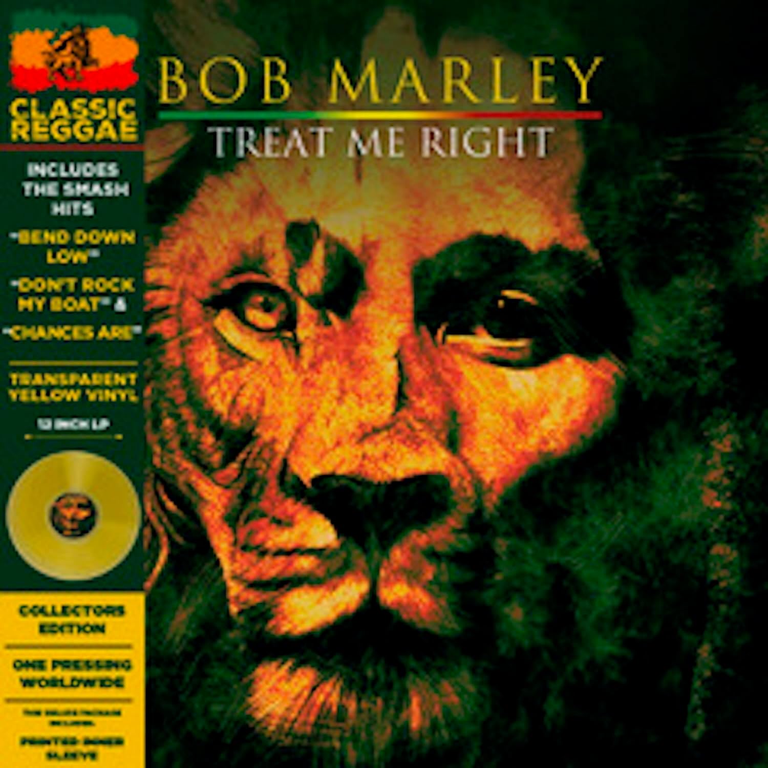 Bob Marley album cover, "Treat Me Right," with a lion portrait and yellow vinyl.