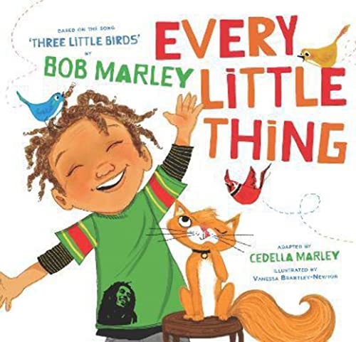 A smiling child in a green shirt stands with a cat and three birds.