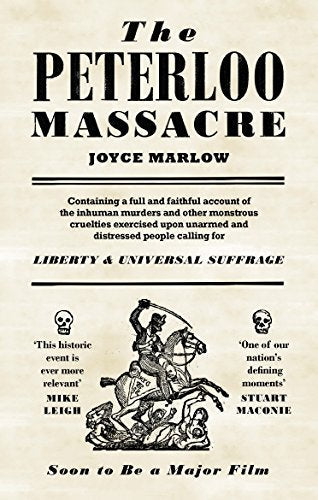 Book cover titled "The Peterloo Massacre" with illustration of man on horseback wielding sword.