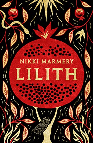 Book cover with red pomegranate and gold text on black background with leaves.