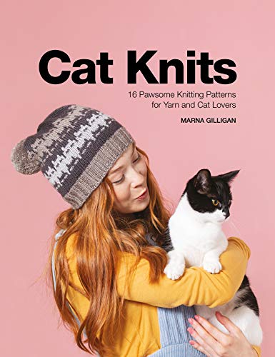 Woman with red hair holding a black and white cat, knitting book cover.