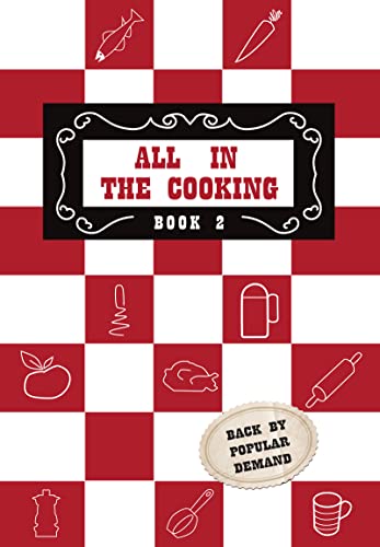 Cookbook cover with red and white checkered background, food illustrations.