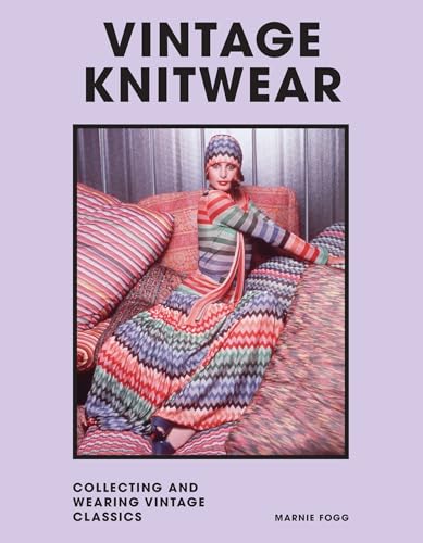 Book cover featuring a woman in colorful vintage knitwear relaxing on a sofa.