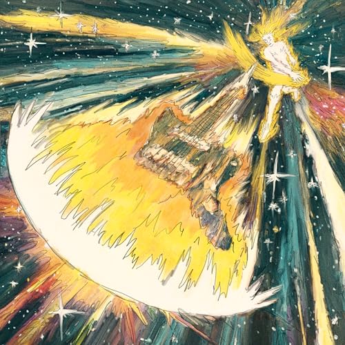 Painted album cover featuring a figure riding a flaming guitar through space.