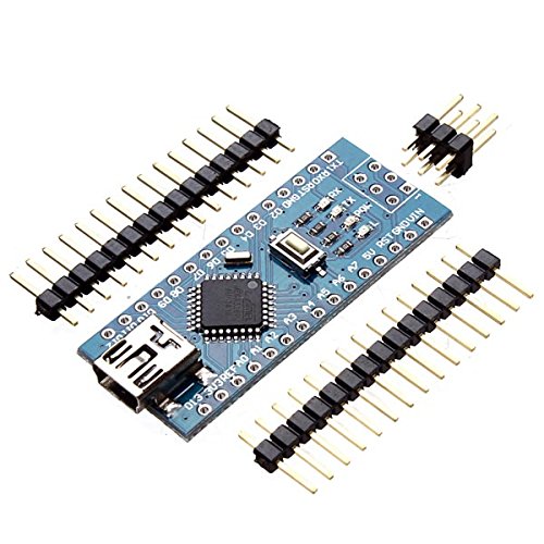 Blue circuit board with a silver chip and gold pin headers.