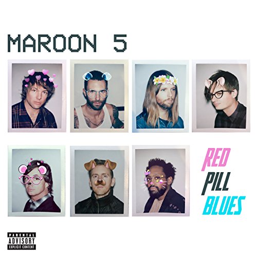 Maroon 5 album cover, "Red Pill Blues," featuring portraits with digital stickers.
