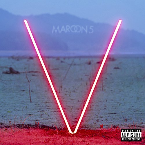 A glowing neon V sign stands in a landscape with mountains in the background.