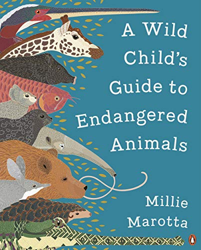 Book cover featuring illustrated endangered animals: giraffe, rhino, and more.