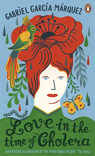 The image depicts the cover of "Love in the Time of Cholera" by Gabriel Garcia Marquez. Here is a concise, descriptive alt text: "Book cover featuring a woman's face with a red flower and parrot."