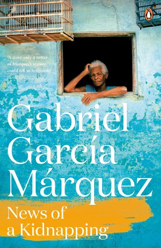 Book cover: elderly woman in a window, blue textured background, text “Gabriel Garcia Márquez.”