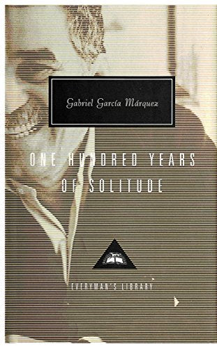 Book cover of "One Hundred Years of Solitude" with sepia-toned man's portrait.