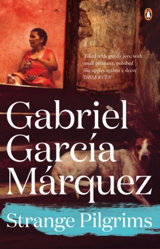 Book cover: “Strange Pilgrims” by Gabriel García Márquez, with a woman and dog.