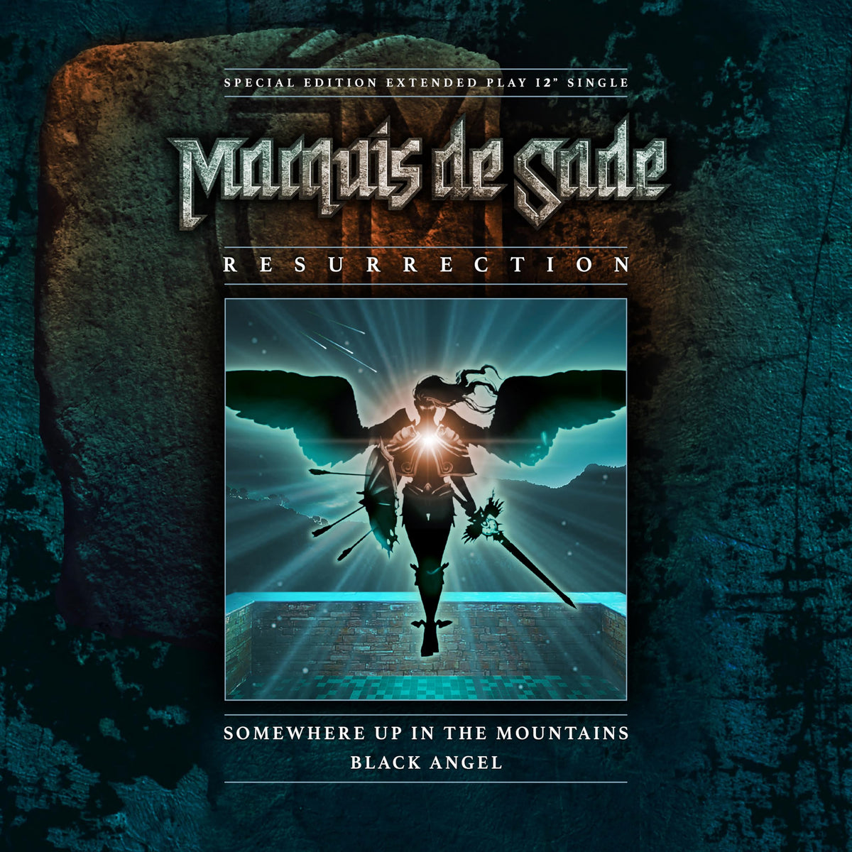 Vinyl record cover featuring a dark angel figure in a stone chamber.