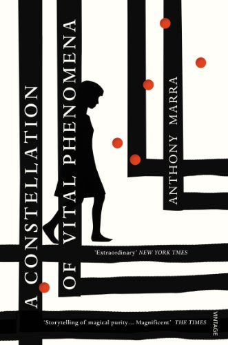 Book cover: Silhouette of a woman walking, with red dots on white background.