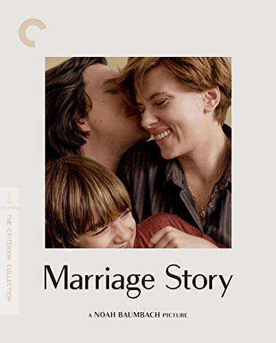 Blu-ray cover for "Marriage Story" featuring a couple and child.