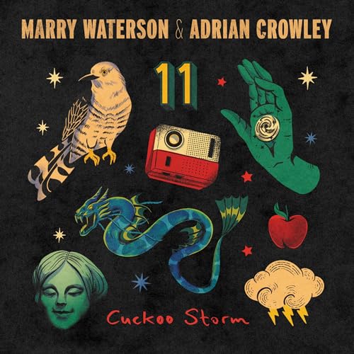 Album cover with cuckoo bird, hand, dragon, and vintage radio illustration.
