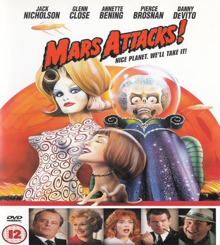 Mars Attacks!" DVD cover with aliens, people, and a red, starry background.