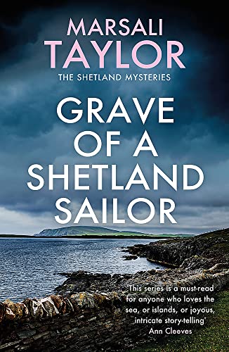 Book cover: "Grave of a Shetland Sailor" with stormy seas and coastline.