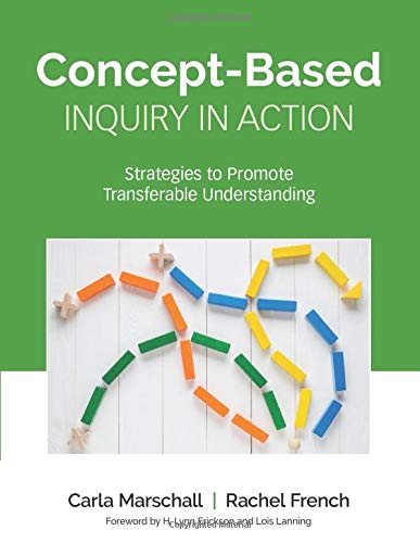 Book cover titled Concept-Based Inquiry in Action with colorful wooden blocks on white background.