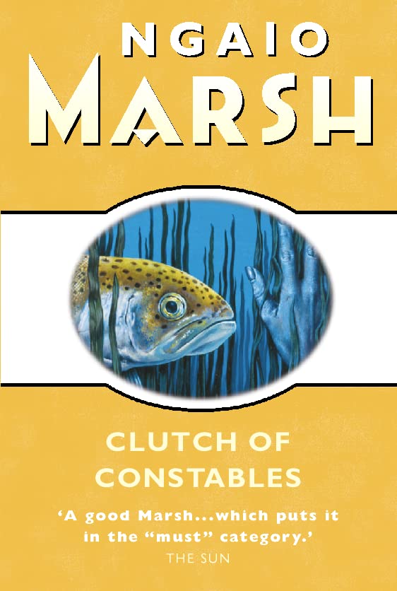 Book cover: yellow background, fish illustration, and title "Clutch of Constables".