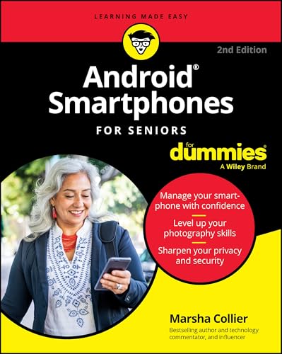 Book cover: "Android Smartphones For Seniors For Dummies," with a senior woman.