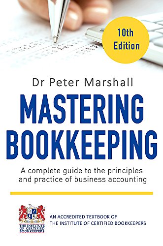 Book cover for "Mastering Bookkeeping," 10th Edition, with pen and keyboard.