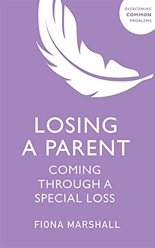 Purple book cover with white feather illustration and title "Losing a Parent".