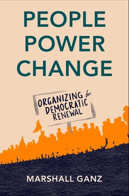 Book cover with orange and teal text, illustration of a protest.