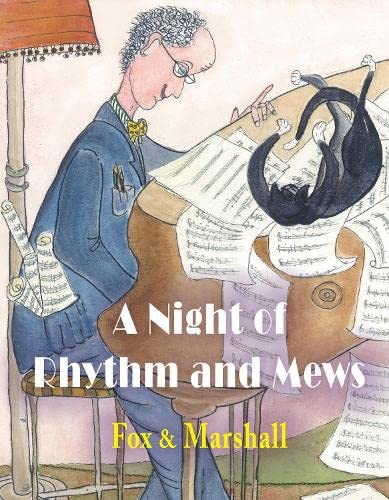 A man in a suit plays piano while a black cat sits on sheet music.