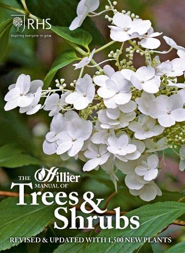Book cover featuring white hydrangea blooms and title "The Hillier Manual of Trees & Shrubs".