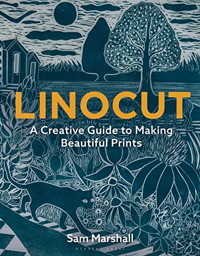 Book cover featuring a teal linocut print of a cat, garden, and tree.
