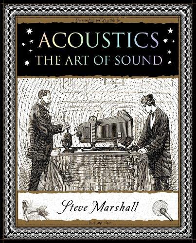 Wooden book with sound wave designs and acoustic themed illustrations and text inside.