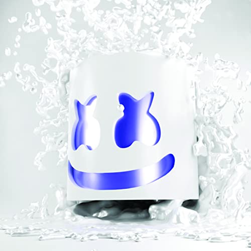 White Marshmello helmet with blue eyes and mouth surrounded by splashing white liquid.
