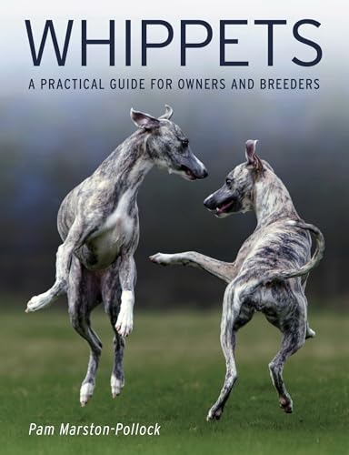 Book cover showing two brindle Whippet dogs playing together in a grassy field.