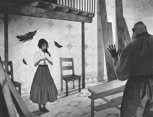 Black and white illustration of a girl and a man in a room.